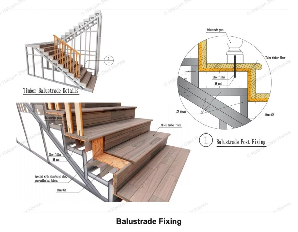 Light steel villa timber balustrade fixing detail with thick timber floor and LGS stair frame