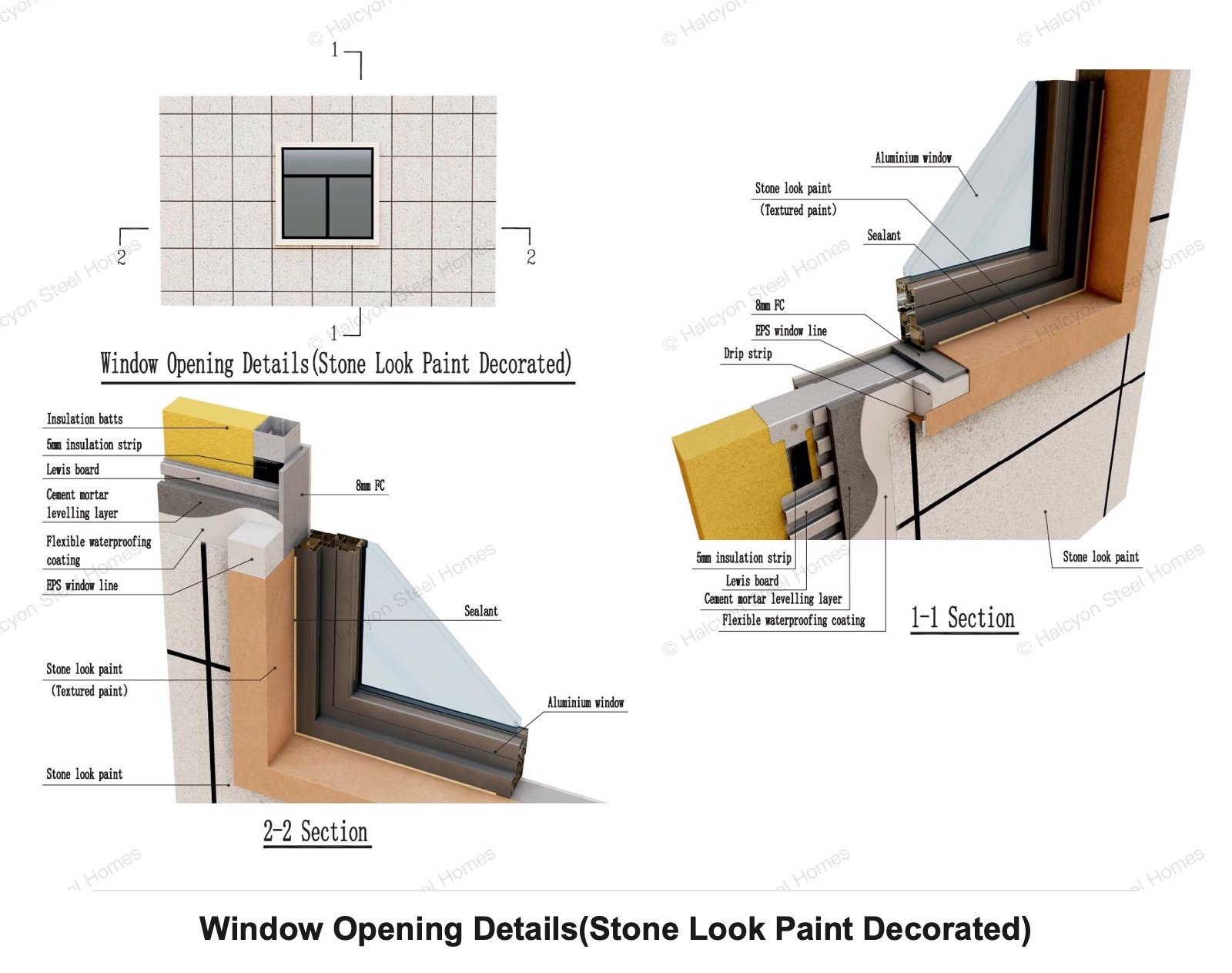 Light steel villa window opening detail with stone look paint decorated exterior wall