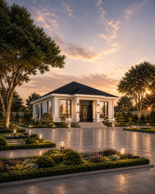 The Ashford modern-classic single-storey light-gauge steel villa at sunset