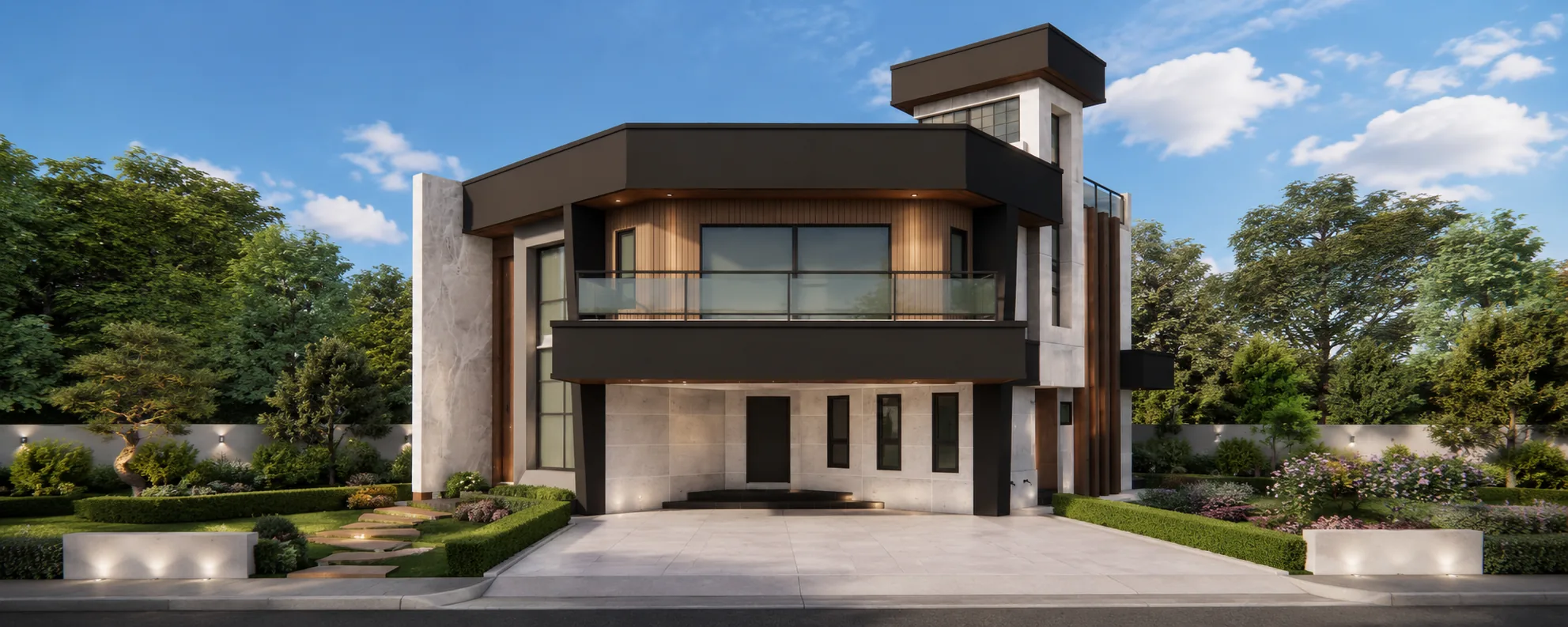 Halcyon B1 contemporary two-storey light-gauge steel villa, front elevation