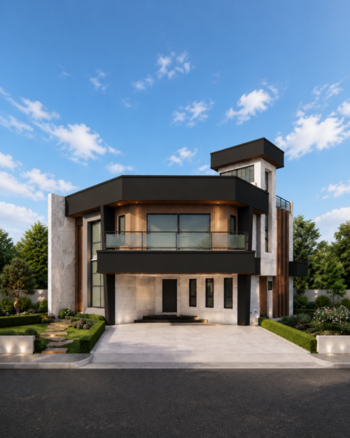Halcyon B1 contemporary two-storey light-gauge steel villa, front elevation