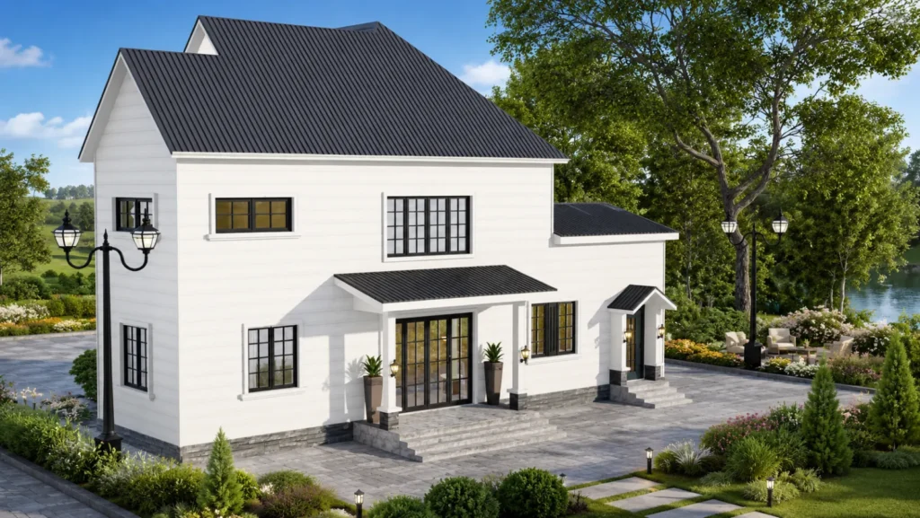 Halcyon-B2 side elevation of a two-storey gabled light steel villa