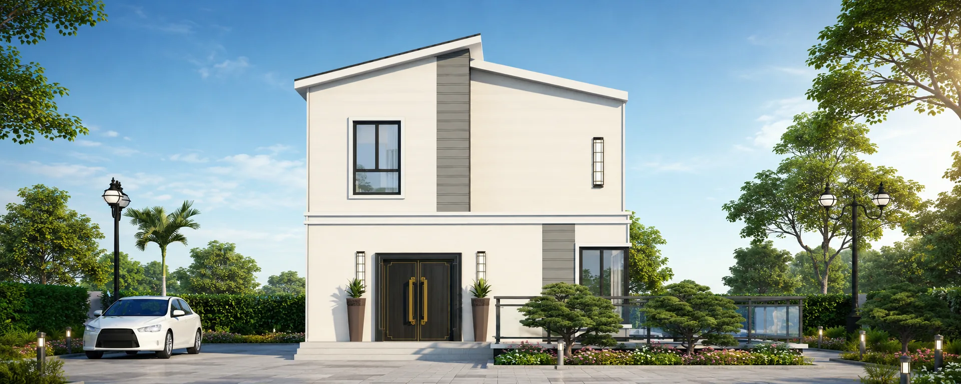 Halcyon-B3 two-storey light steel housing concept front elevation rendering