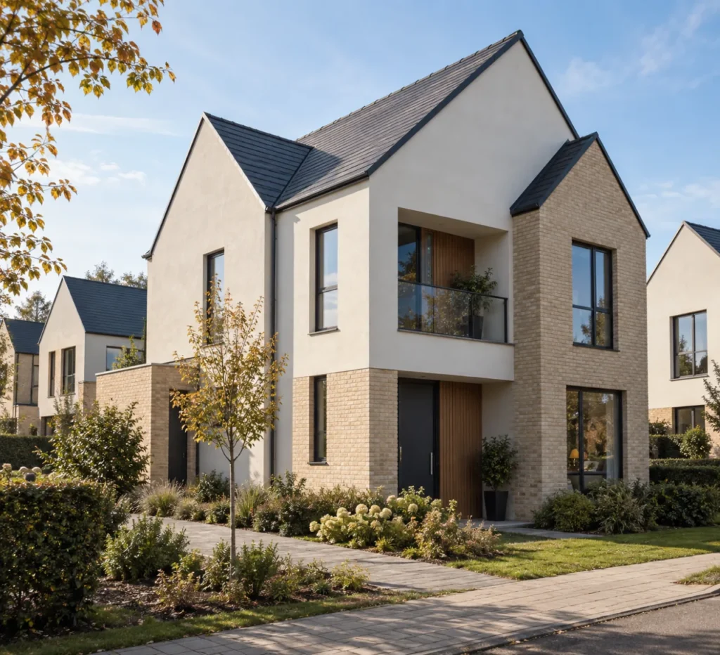 Two-storey European housing with pitched roofs and light brick facades