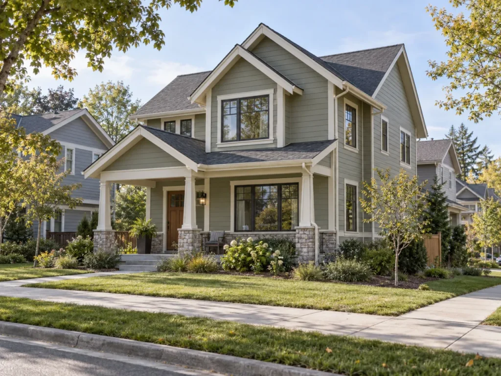 Two-storey Craftsman-style houses in a landscaped North American community