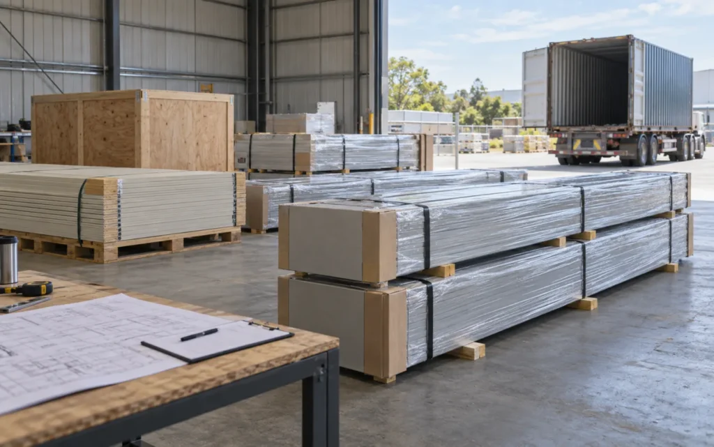 Wrapped framing bundles and building boards prepared for dispatch
