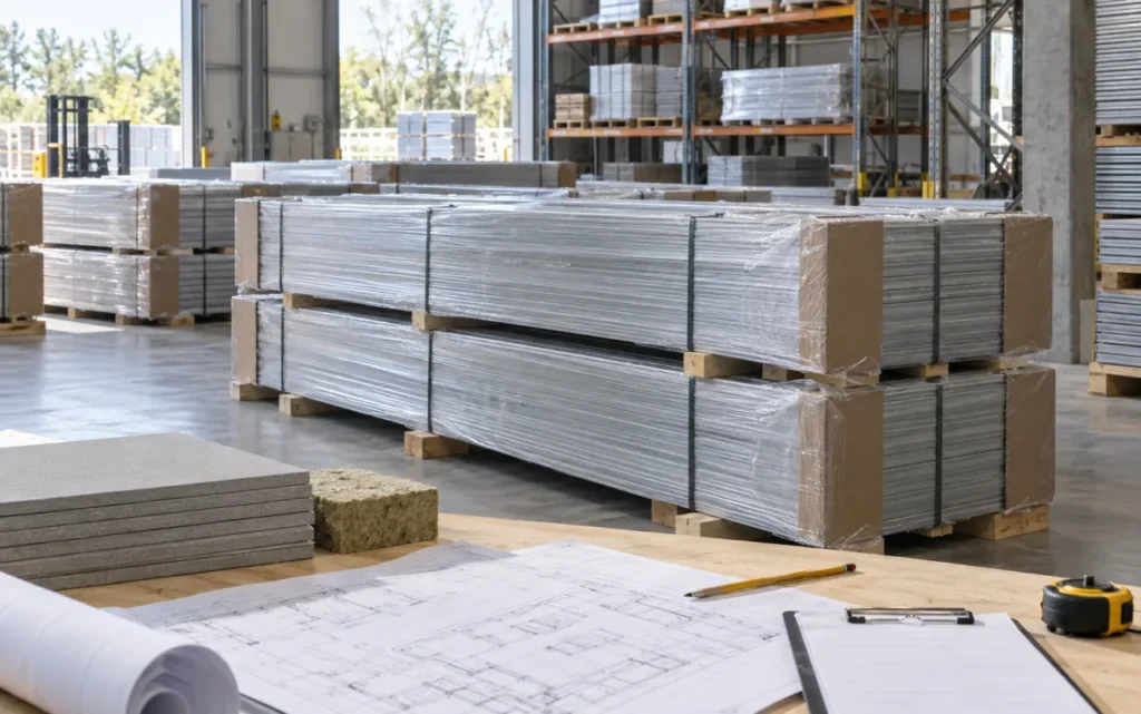 Wrapped framing bundles, building boards and drawings prepared for material scope review
