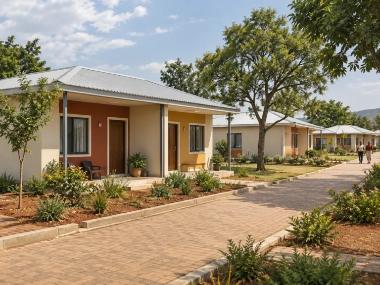 Single-storey community housing with shaded front porches