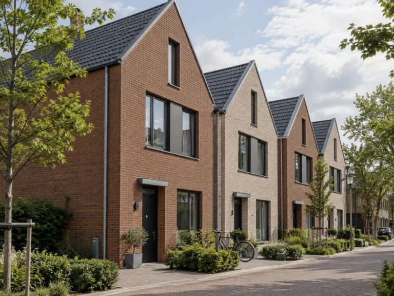 European townhouses with gabled roofs and alternating brick facades