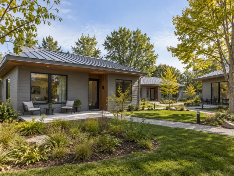 Compact single-storey homes arranged around a shared landscaped courtyard