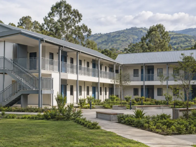 Two-storey staff accommodation arranged around a courtyard