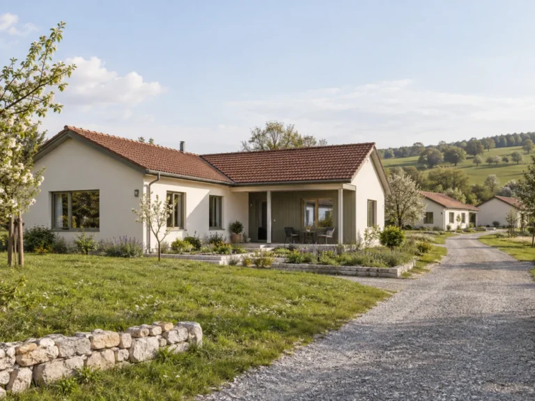 Single-storey rural housing cluster with tiled roofs and sheltered entrances