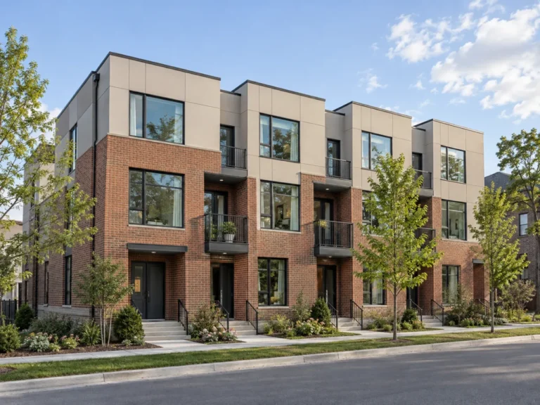 Three-storey brick and panel-clad townhouses with recessed entrances