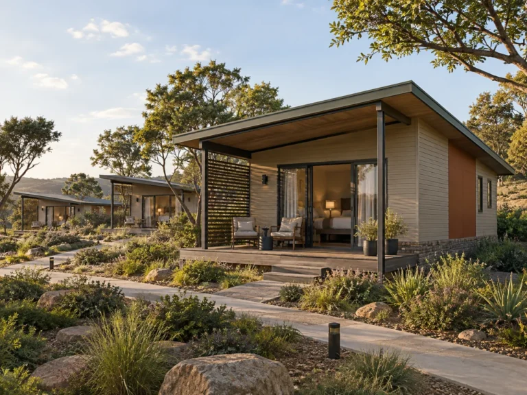 Modern resort accommodation units with shaded terraces