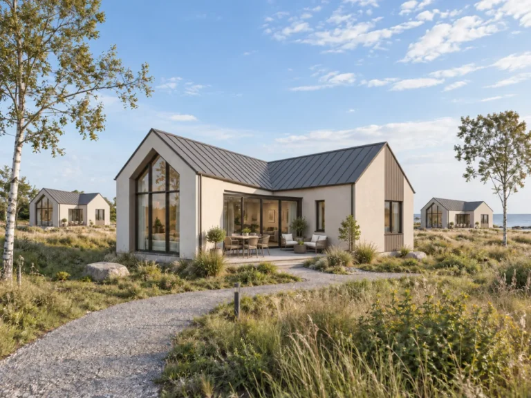 European resort accommodation with connected L-shaped pitched roofs and courtyard terraces
