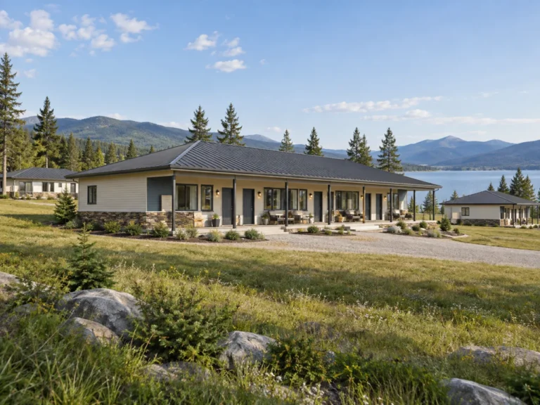 Single-storey multi-room accommodation buildings in an open lakeside setting