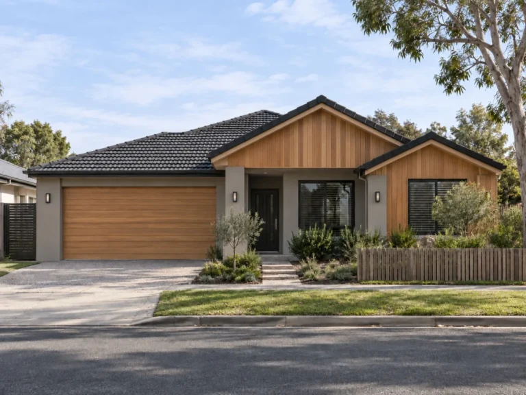 Single-storey house with warm grey walls, timber-look cladding and a pitched roof.