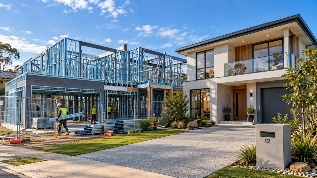Illustration of two-storey steel framing beside a finished residential facade.