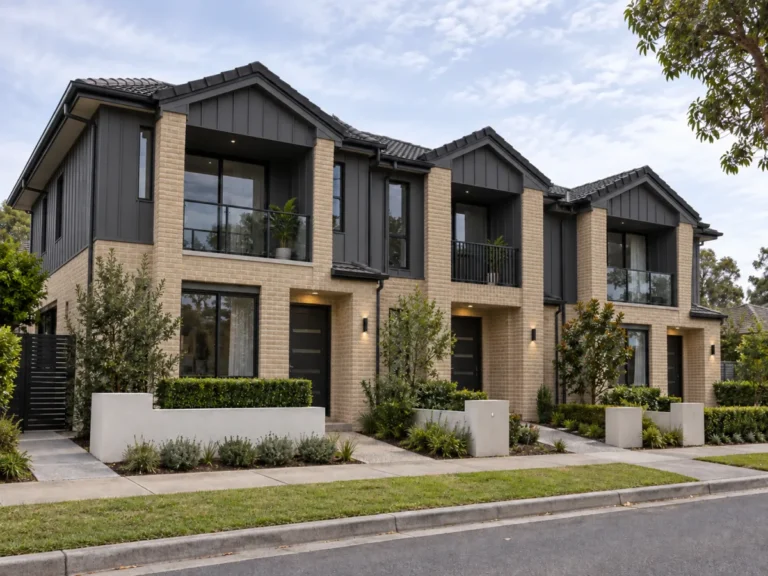 Row of two-storey townhouses with beige brick walls and charcoal metal cladding.