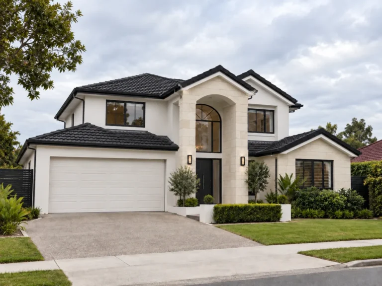 Two-storey house with white rendered walls, light stone cladding and a dark pitched roof.