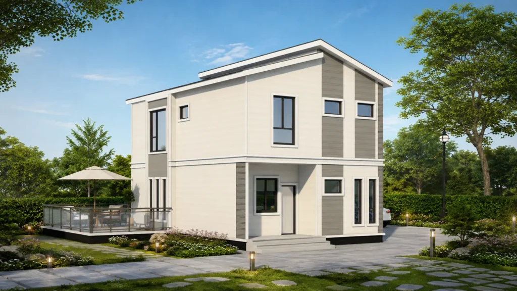 Halcyon-B3 two-storey housing concept garden-side exterior rendering
