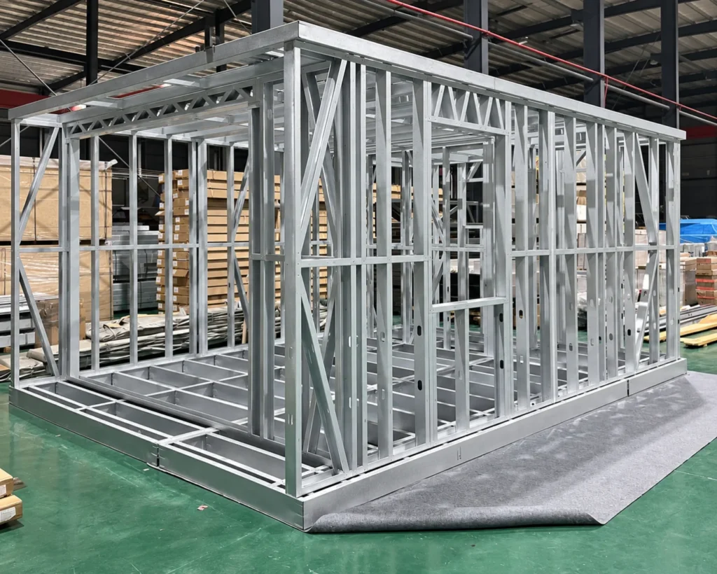 Bastidor de acero ligero galvanizado con montantes, arriostramientos y vigas de piso en un taller.