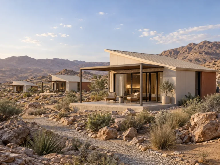 Detached desert resort units with sloping metal roofs and shaded terraces