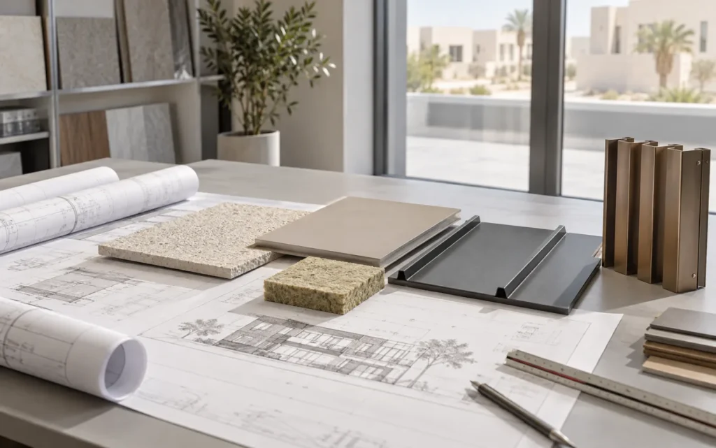 Building drawings with exterior finish, insulation and roofing samples