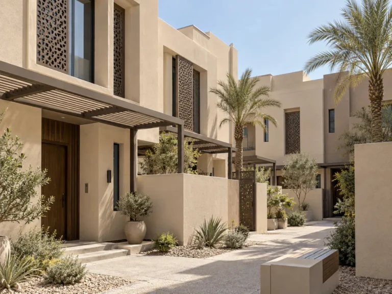 Courtyard housing compound with sand-coloured facades and shaded walkways