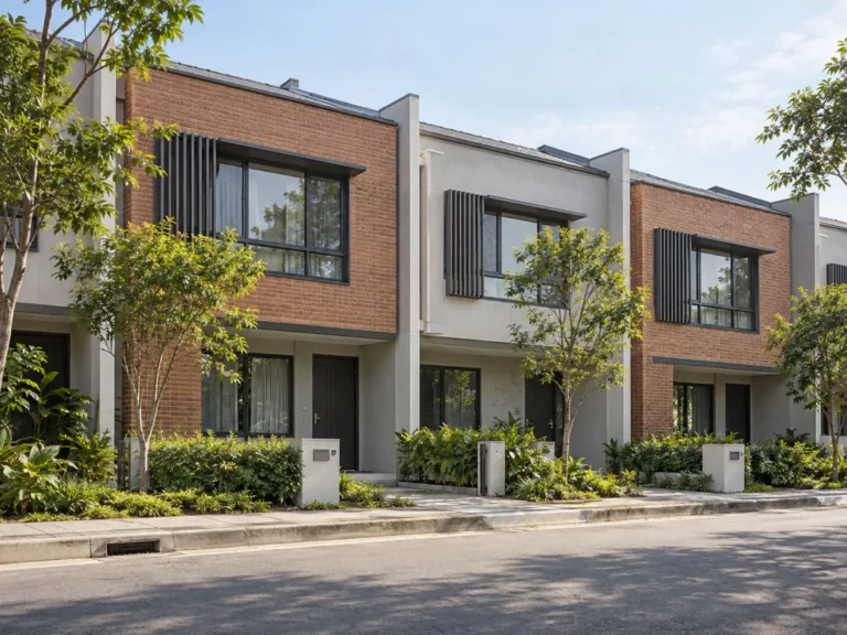 Two-storey townhouses with brick and grey facades along a landscaped residential street