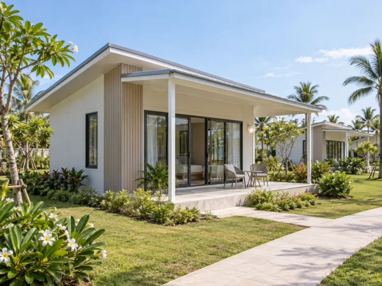 Light-coloured prefab resort units with metal roofs and shaded terraces in an open tropical garden