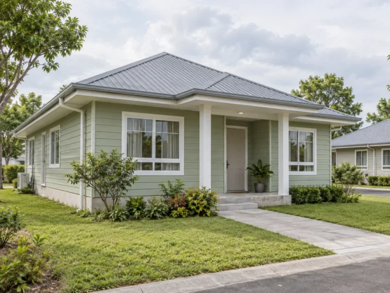 Single-storey home with pale sage horizontal cladding, a grey hipped roof and a shaded porch
