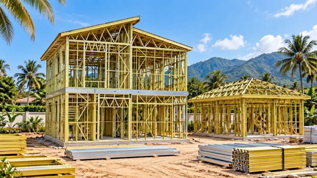 Two-storey and single-storey steel framing with bundled materials in a tropical setting