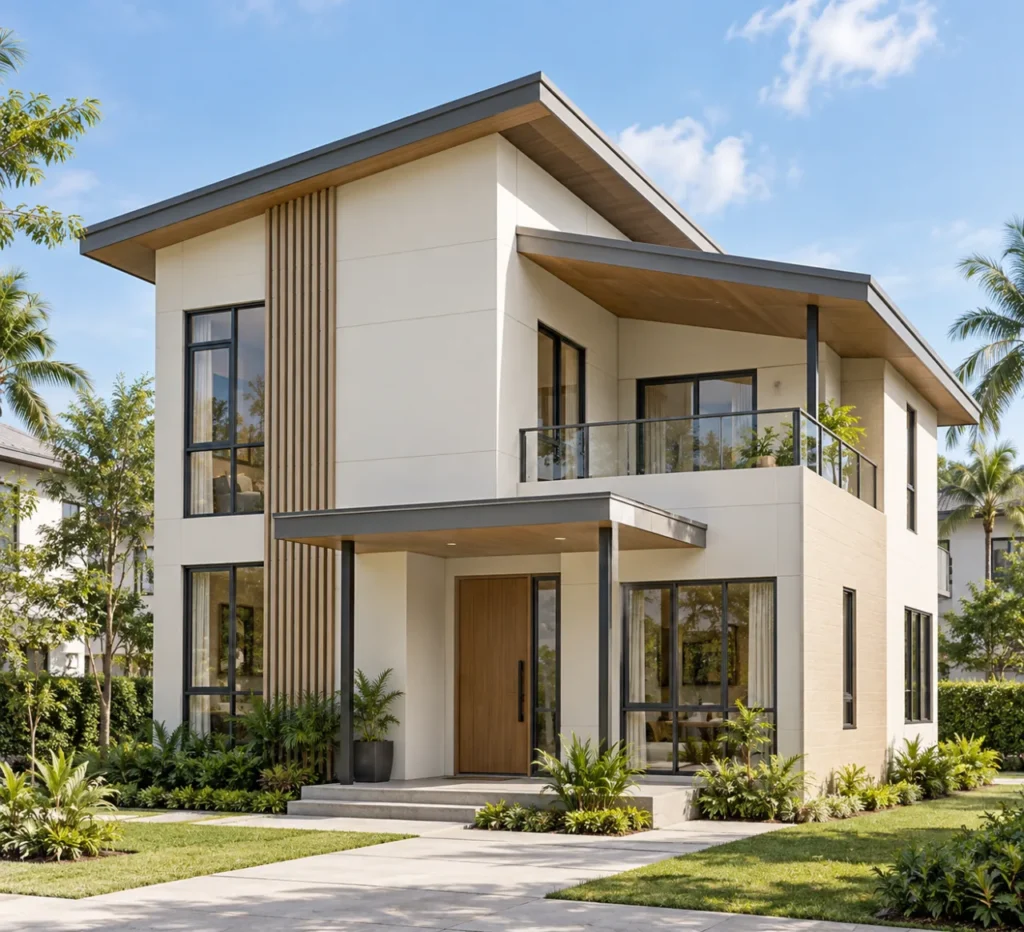 Contemporary two-storey home with layered sloping roofs, an ivory facade and a shaded balcony