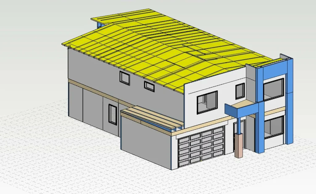Building design model with the roof shown in yellow, illustrating how roof geometry is reviewed alongside site wind information; it does not show a calculated wind result or a completed building.