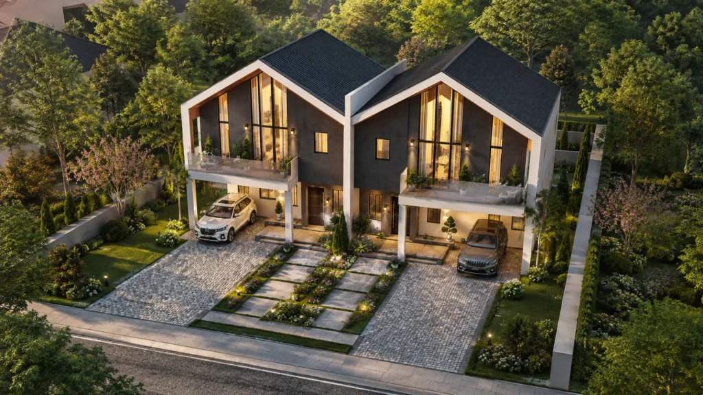 BC paired two-storey housing design — aerial perspective architectural visualization