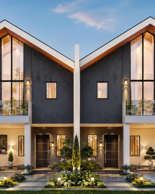 BC paired two-storey housing design — front elevation architectural visualization