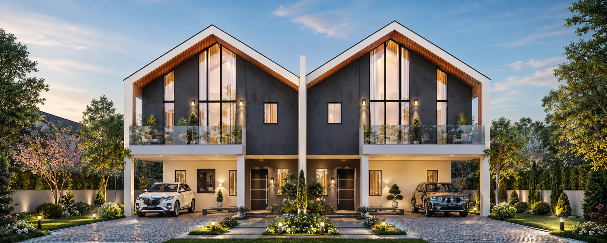 BC paired two-storey housing design — front elevation architectural visualization