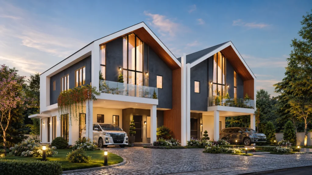 BC paired two-storey housing design — left perspective architectural visualization