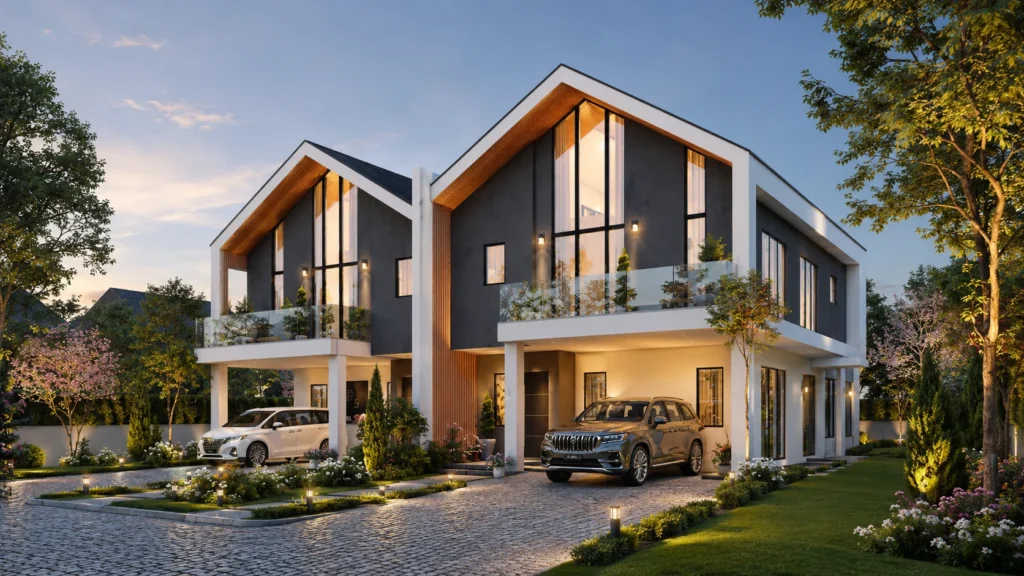 BC paired two-storey housing design — right perspective architectural visualization